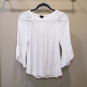 New Directions Petite Small White Gauzey Stretch 3/4 Sleeves Smocked Blouse Top